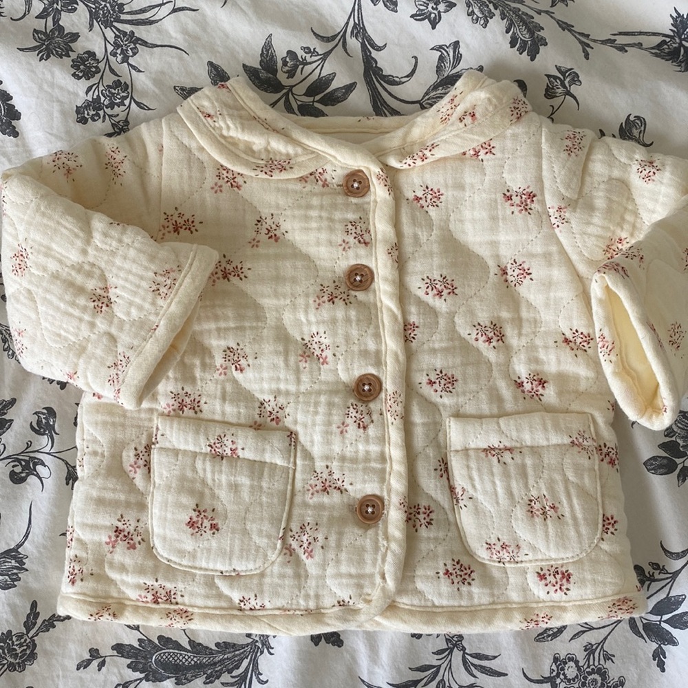 Cotton Gauze Jacket for Babies with headband, verbaudet, 1m (54cm), ecru/flowers